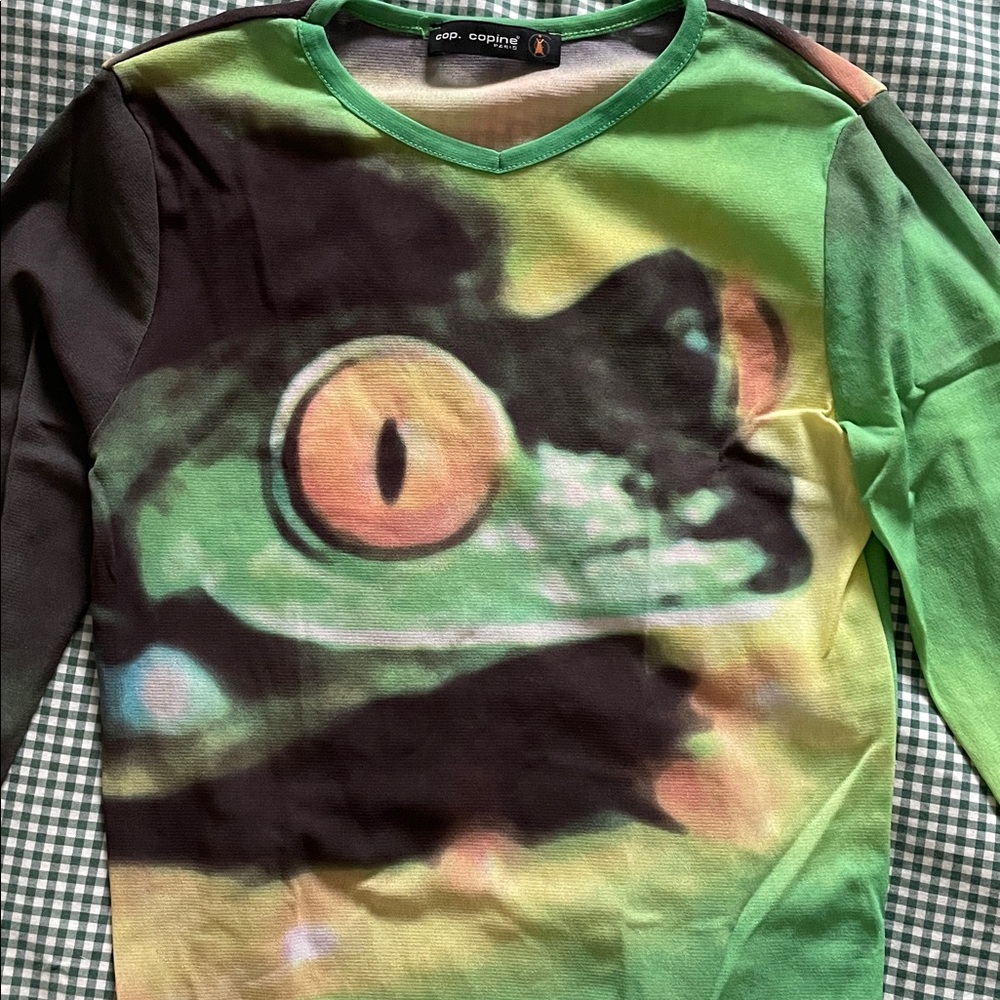 RARE COP COPINE Green Frog Print Long Sleeve Shirt - Picture 3 of 4
